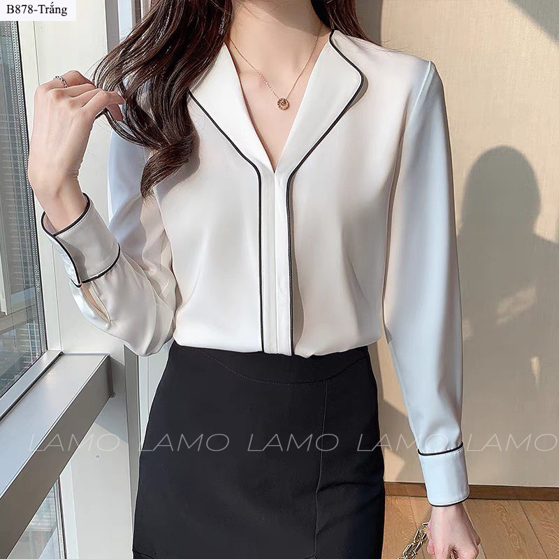 Áo Sơ Mi nữ cổ bẻ viền đen tay dài LAMO- B878