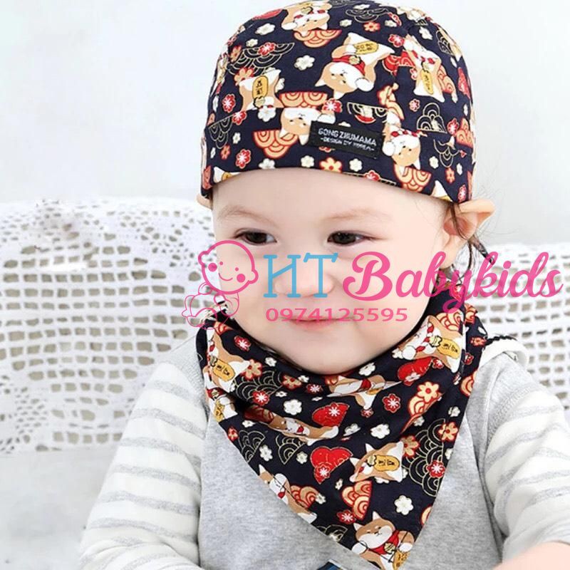 Mũ Cho Bé Họa Tiết Mèo May Mắn Kèm Khăn Đáng Yêu