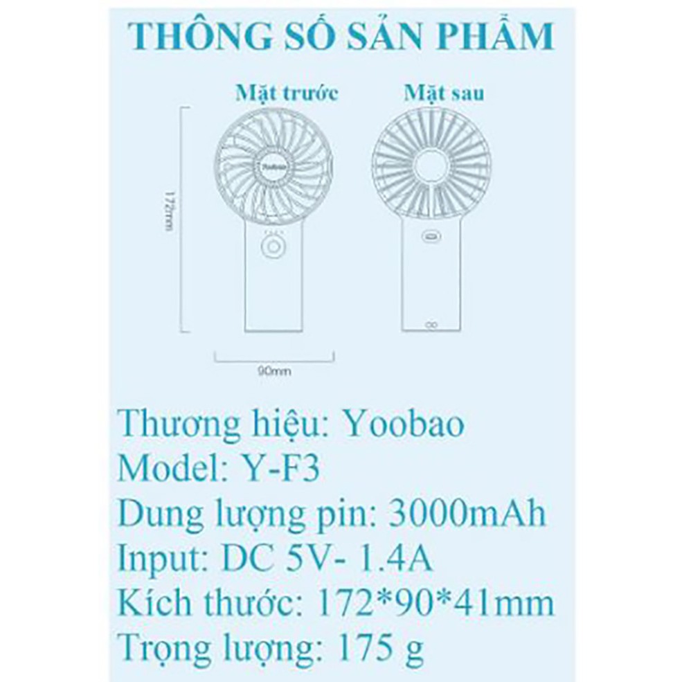 Quạt cầm tay Yoobao F03 ☘️LIÊN TỤC 30 TIẾNG☘️