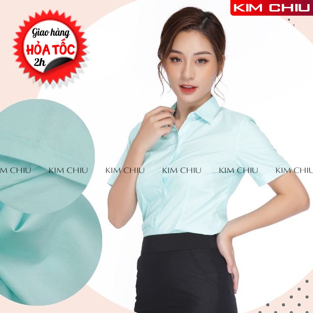 Áo Sơ Mi Nữ Công Sở Cao Cấp Kim Chiu, Form Mai An, Màu Xanh Ngọc Tay Ngắn Vải Kate Ý Đẹp Ít Nhăn Giãn Nhẹ, SMTN01