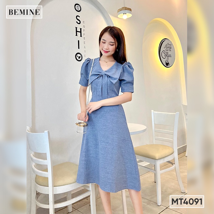 Đầm suông cổ nơ tay xếp li BEMINE MT4091