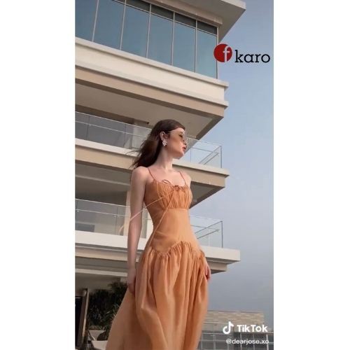 Váy nữ maxi hai dây màu nâu tây kiểu dáng vintage, chất liệu voan tơ mềm mại thoáng mát Fkaro V005
