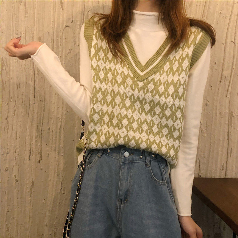 Áo gile cổ V không tay dáng rộng chất dệt kim thời trang Hàn Quốc retro cho nữ