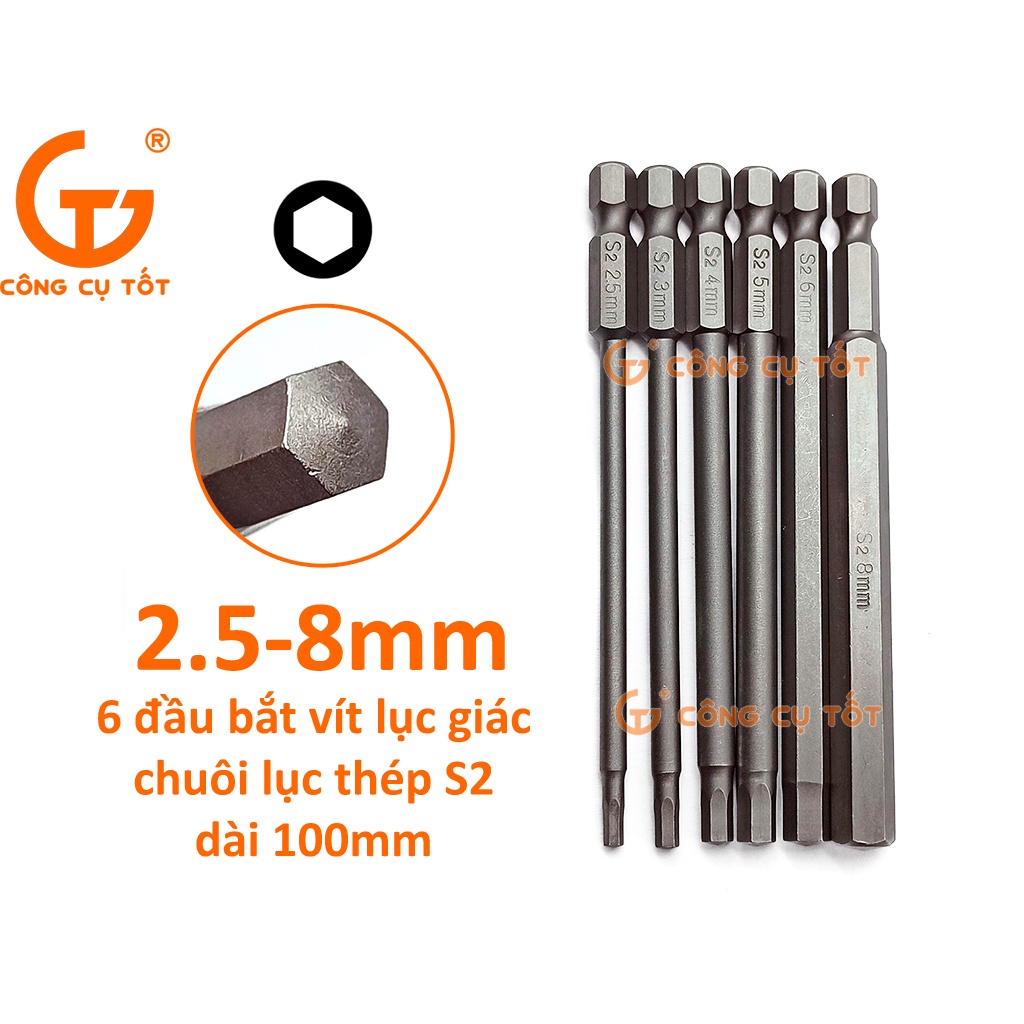 Vỉ 6 đầu bắt vít lục giác chuôi lục thép S2 2.5 - 8.0mm dài 100mm