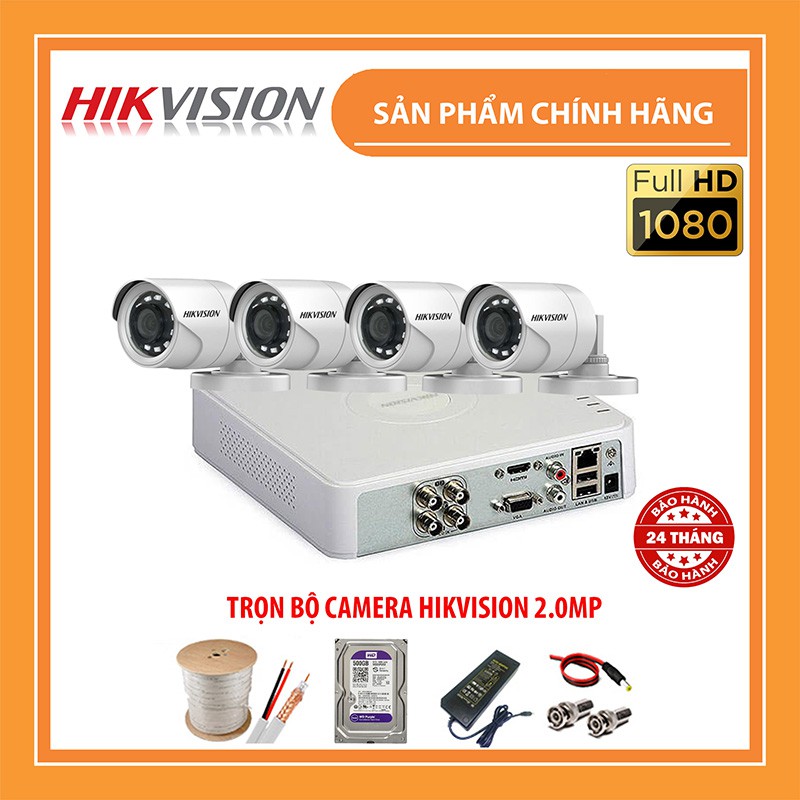 [FREESHIP❤️]Trọn Bộ Camera Hikvision 2MP FHD 1080P - Hàng chính hãng [Bộ 1-4 2MPX] - Đầy đủ phụ kiện + Ổ Cứng 500GB