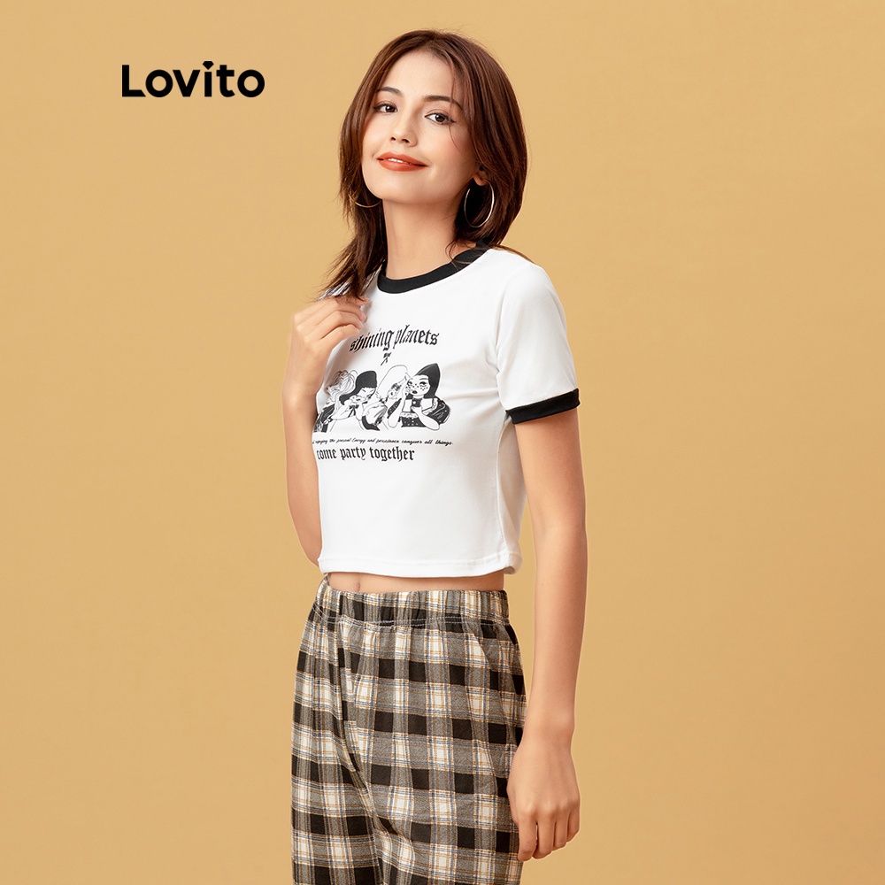 (Gợi ý từ KOL) Áo thun Lovito cổ tròn in họa tiết hoạt hình phong cách thường ngày L05251 (trắng)