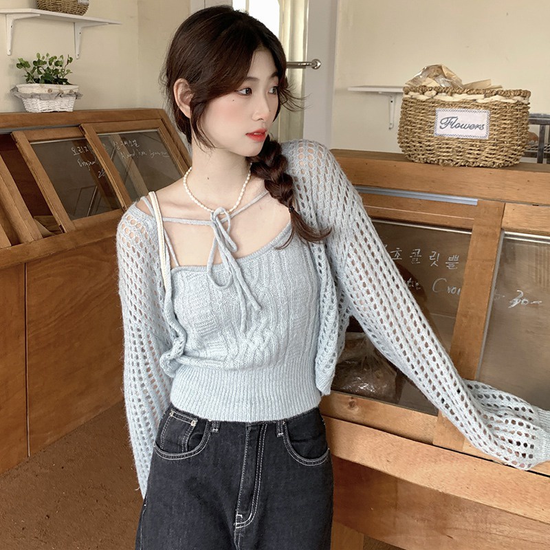 Set Áo Hai Dây + Áo Khoác Cardigan Dài Tay Màu Sắc Đơn Giản Cho Nữ