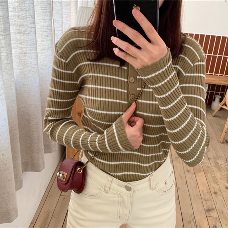 Áo Sweater Cổ Tròn Dáng Ôm Kẻ Sọc Kiểu Hàn Quốc Thời Trang Cho Nữ | BigBuy360 - bigbuy360.vn