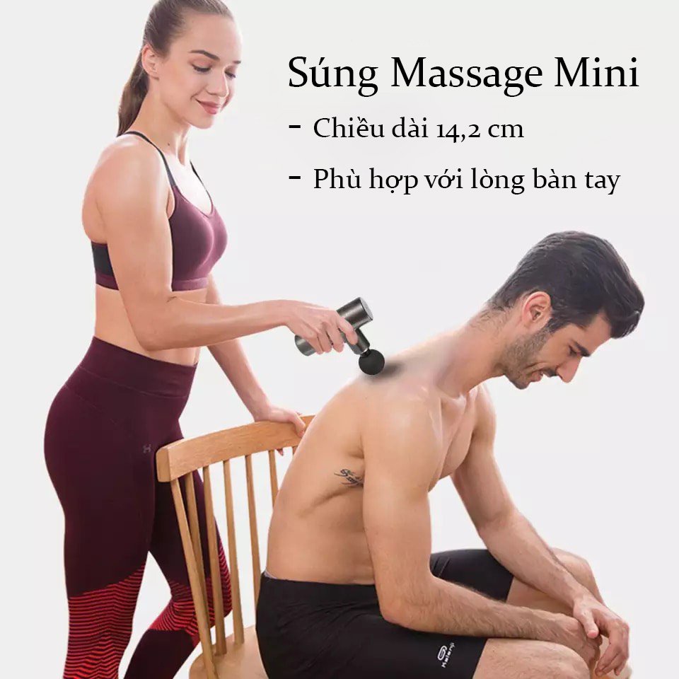 Máy mát xa cầm tay mini Massage Gun 6 cấp độ, giúp giảm đau cơ cứng khớp, đi kèm 4 đầu mát xa chuyên dụng