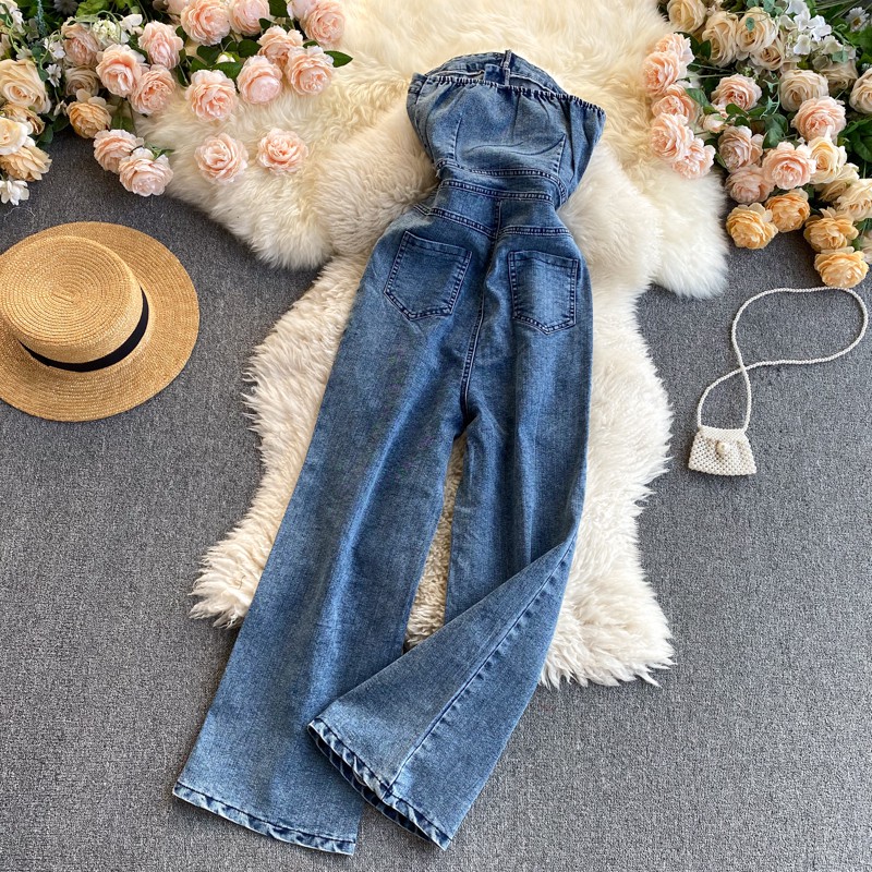 Jumpsuit, đồ bay jean dài ống rộng cúp ngực, siêu sang