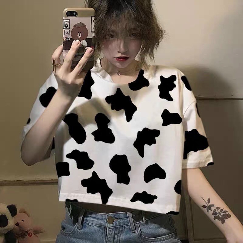 Áo croptop ngắn tay cổ tròn form rộng con bò sữa cute TTSAL0483