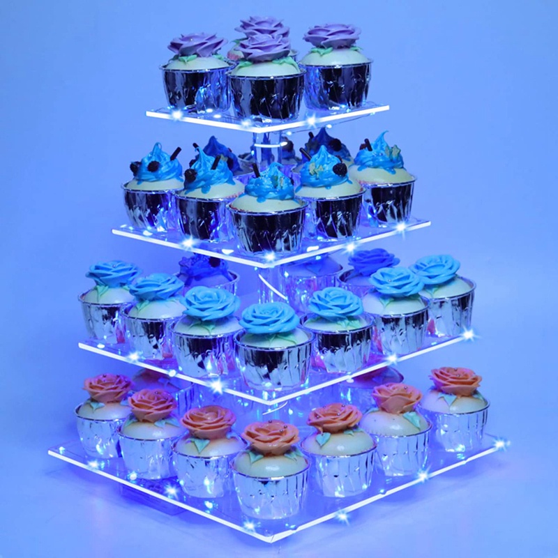Tháp Đứng Trưng Bày Bánh Cupcake 4 Tầng Bằng Acrylic Có Đèn LED Cho Đám Cưới