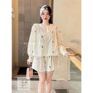 Set bộ thô in hoa nhí áo chun ngực tay dài bo kèm quần short