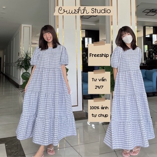 D24 - Đầm babydoll tầng caro xanh xám