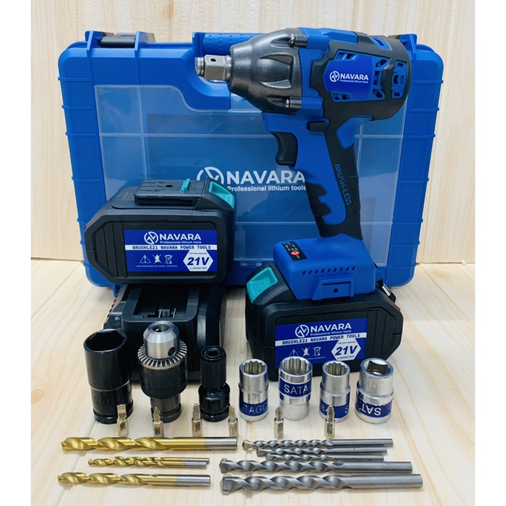 Máy siết bulong dùng pin không chổi than NAVARA 380NM - Tặng kèm bộ phụ kiện 23 chi tiết cao cấp -  Pin khủng 15 Cell