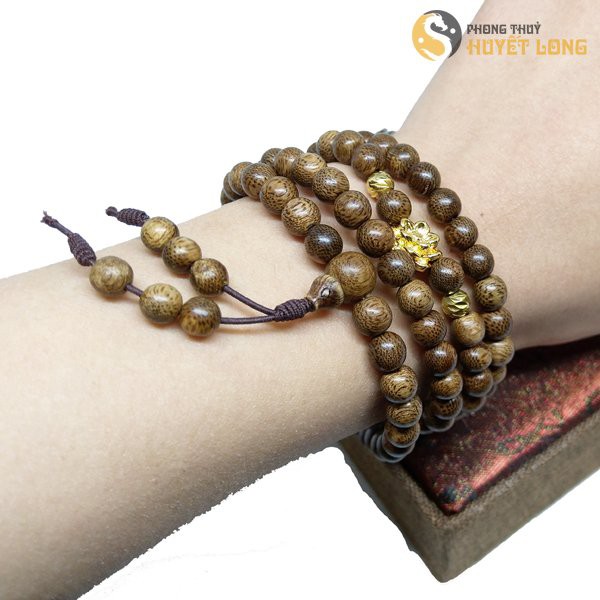 Vòng Tay Trầm Hương Chuỗi Tràng 108 Hạt Mix Hoa Sen Bi Vàng, Chuỗi Trầm Hương Quấn Tay Phong Thủy