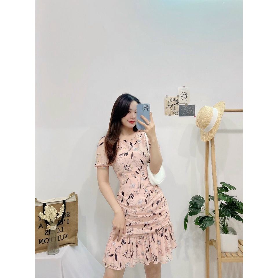 Đầm hoa nhí voan đuôi cá, Váy hoa nhún eo công sở Cao Cấp dự tiệc tay ngắn cổ tròn - MiNhi