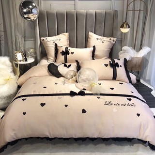 Bộ vỏ chăn ga gối 7 món lụa 80s thêu tim đôi màu be sữa