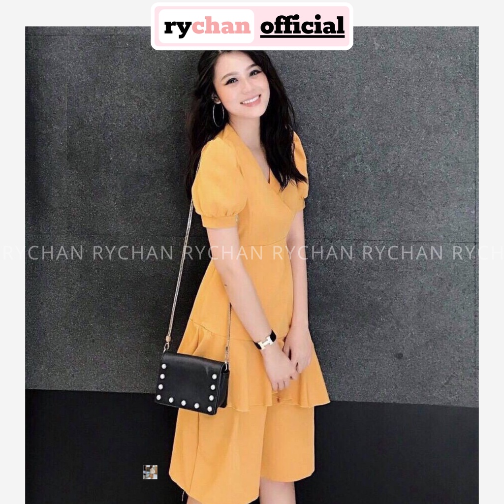 DX464 - Đầm Xòe Đắp Chéo Đuôi Bèo Tay Ngắn 2 Màu Vàng Đỏ [ẢNH THẬT CUỐI]