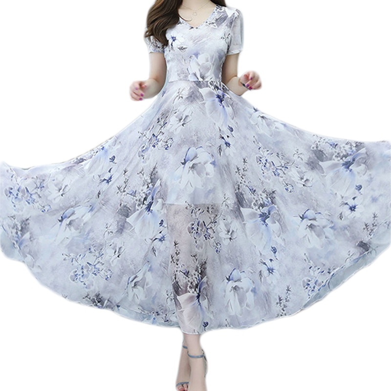 Đầm Maxi Chiffon Dài Dáng Chữ A Tay Ngắn Cổ Chữ V In Họa Tiết Hoa Cổ Điển Có Khóa Kéo Sau Lưng Cho Nữ