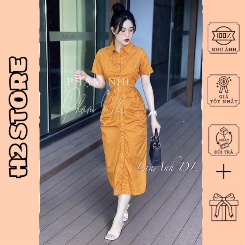 Váy cổ sơ mi cut out khoét eo rúm chun sau 3 màu size s m l huyen hip