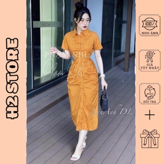 Váy cổ sơ mi cut out khoét eo rúm chun sau 3 màu size s m l huyen hip