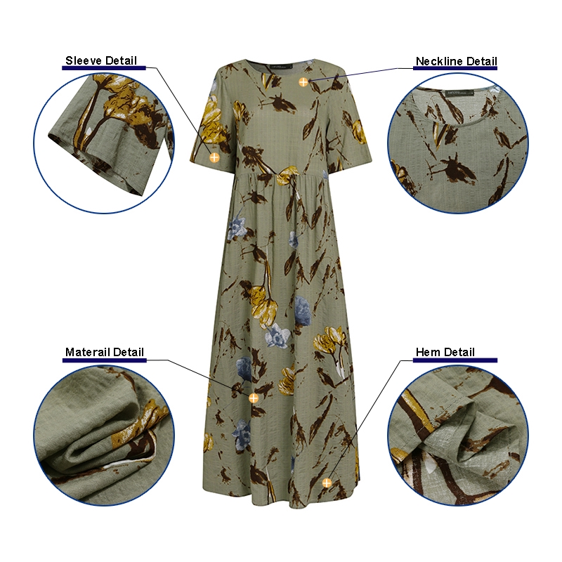 Đầm Dài ZANZEA Tay Ngắn Họa Tiết Vintage Thời Trang Cho Nữ