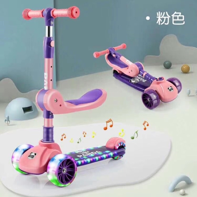 Xe trượt Scooter đa năng 2 in 1 có nhạc và đèn cho bé, Bảo hành 6 tháng, xe trẻ em scooter Panda chòi chân có ghế ngồi