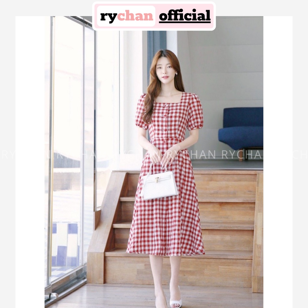 [ẢNH THẬT CUỐI] Đầm Xòe Midi Caro Cổ Vuông Đính Nút Bọc Tay Ngắn - DX991