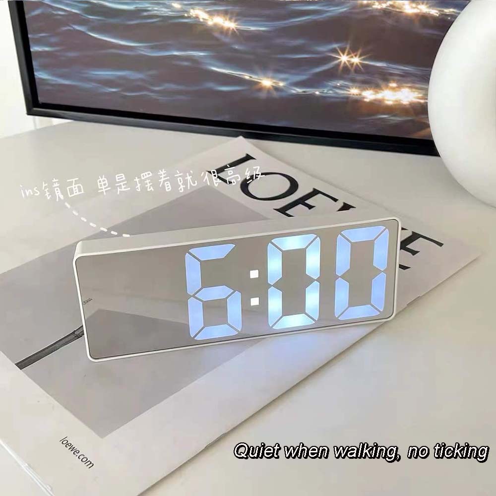 Đồng hồ báo thức kỹ thuật số mặt gương đơn giản có đèn led và âm thanh phong cách nhật bản kèm cáp
