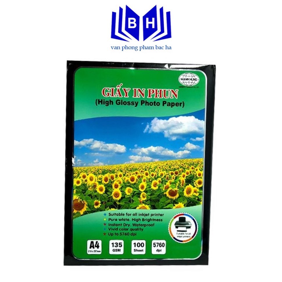 Giấy In Phun A3 - A4 Cao Cấp Mạnh Hưng ĐL 135 gsm,Bóng 1 Mặt