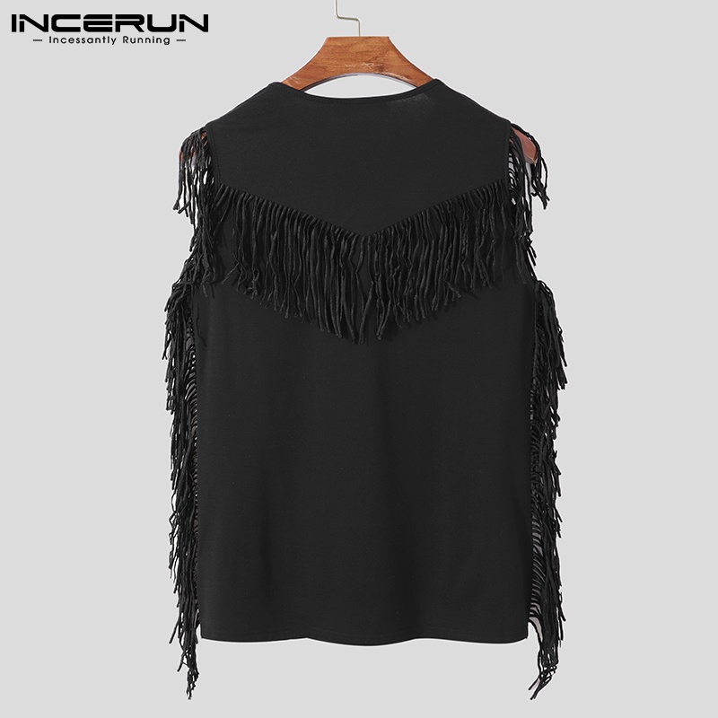 Áo thun INCERUN không tay cổ tròn gắn tua rua sành điệu cho nam