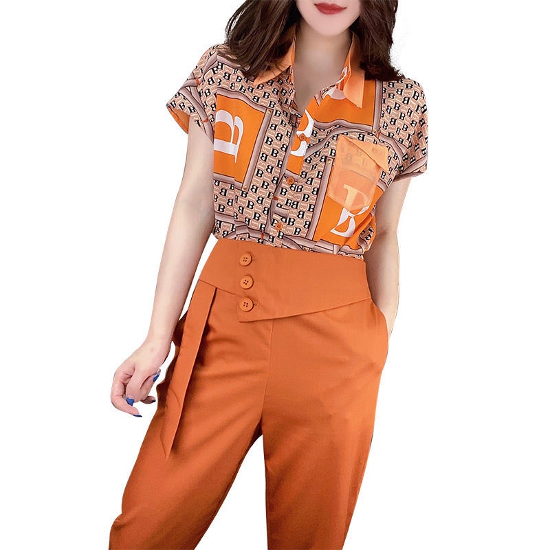 Set áo ngắn tay + quần dài màu tương phản thời trang cho nữ