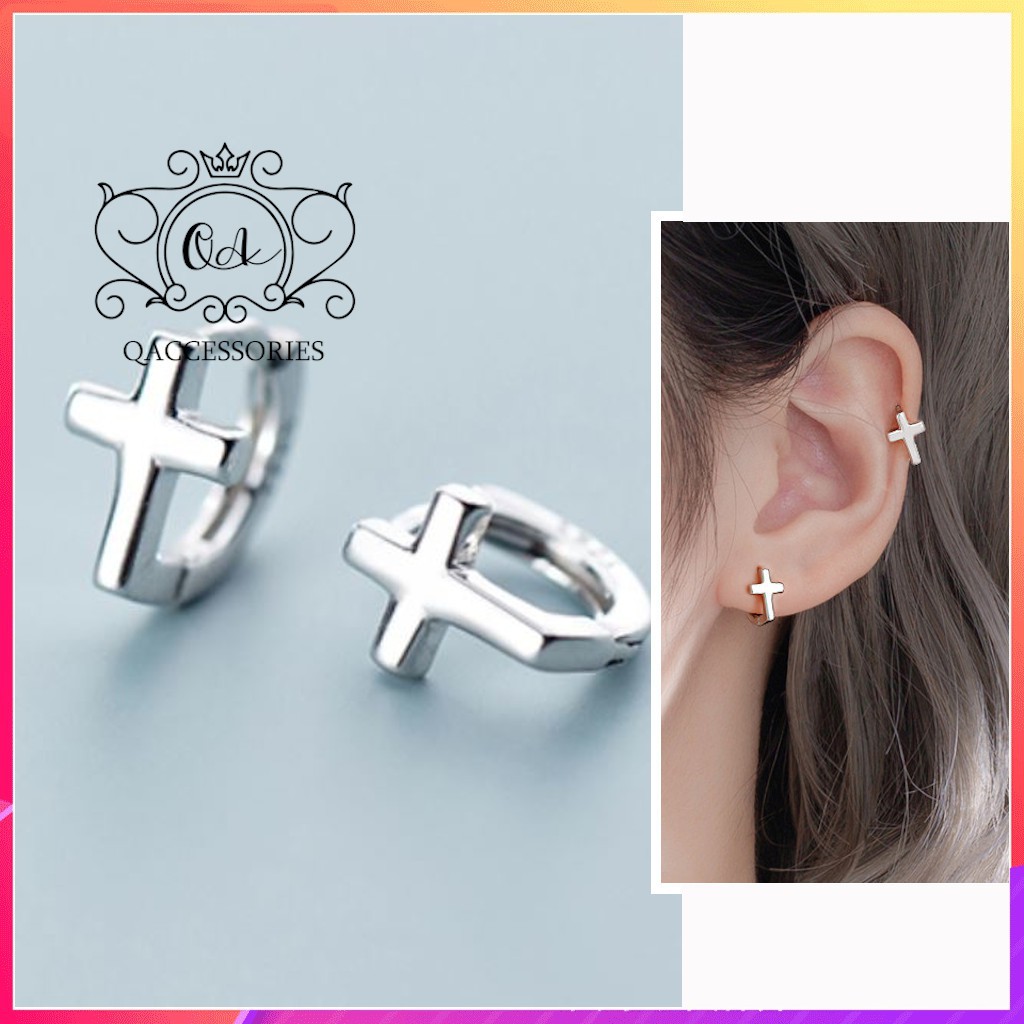 Khuyên tai bạc nam chữ thập tự bông tai thánh giá chốt lẫy S925 CROSS Silver Earrings QA SILVER EA200602