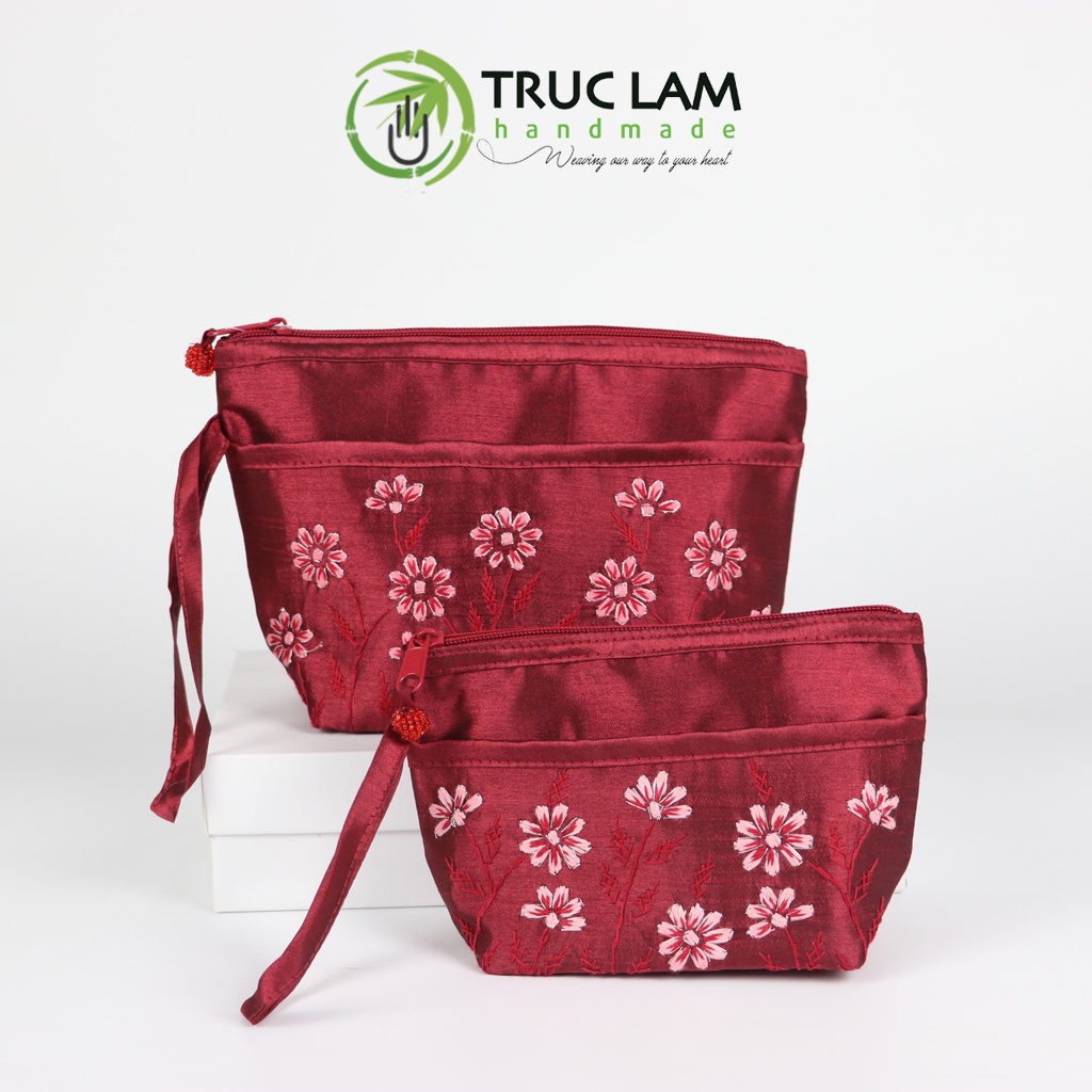 Ví Cầm Tay Nữ Vải Tafta Họa Tiết Hoa Cỏ Thêu Tay Set 2 Chiếc - Trúc Lâm Handmade