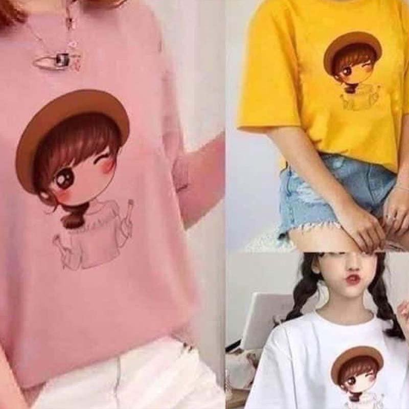 Áo phông nữ, Áo thun tay lỡ form rộng in hình cô gái dễ thương Free Size Dưới 60 kg