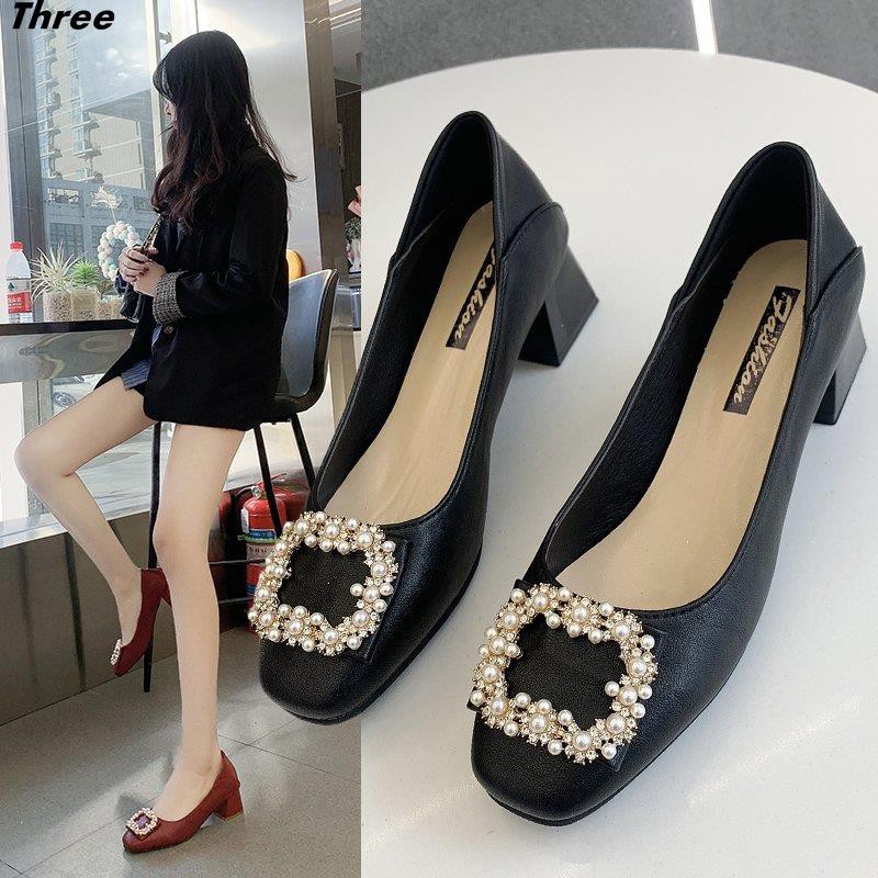 Women's shoes, high heels, women's shoes, all-match black square toe mid-heel women's thick heel single shoes pumps