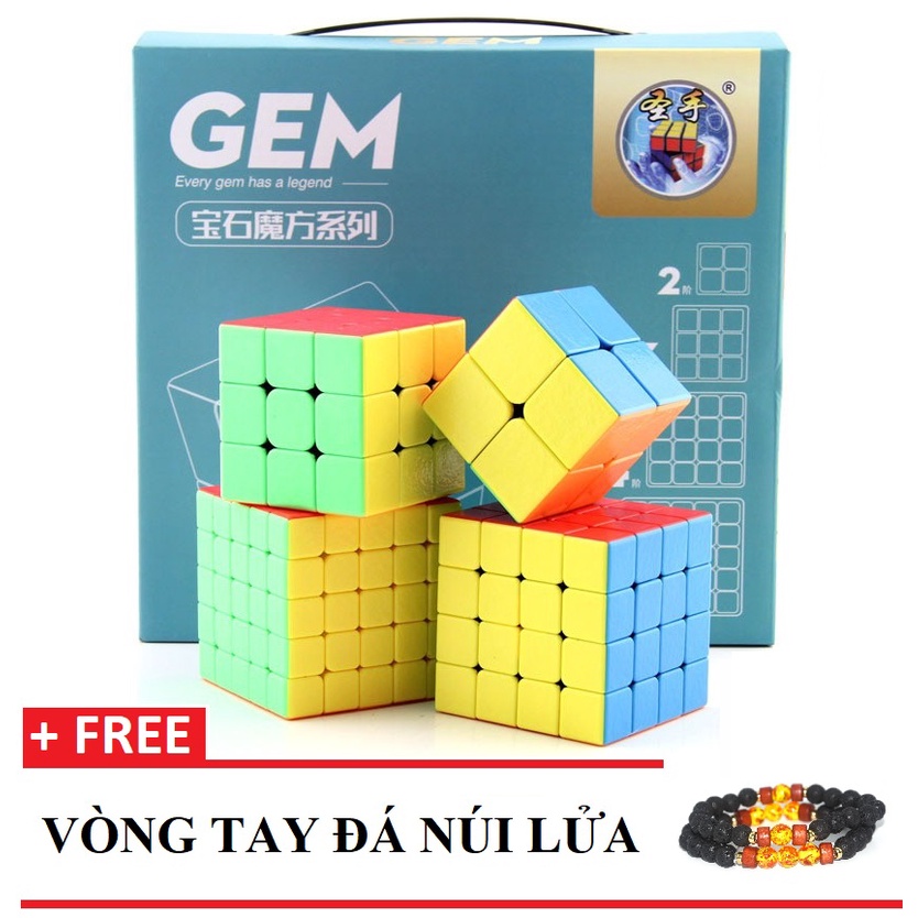 ✔️✔️ Combo Hộp 4 Rubik GEM 2x2 3x3 4x4 5x5 Xoay trơn mượt, bẻ góc tốt (Xanh) - TẶNG 1 VÒNG TAY ĐÁ NÚI LỬA