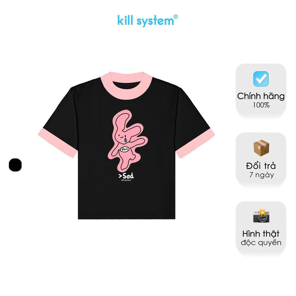 Áo thun Kill System form fit Thỏ fine màu đen hồng viền tay chất vải cotton