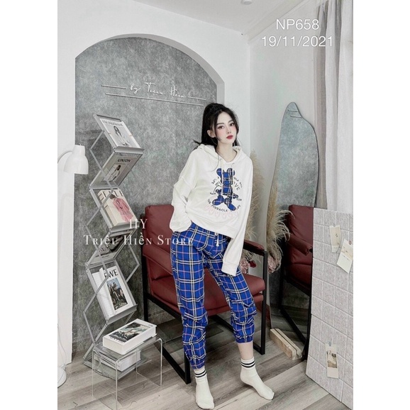 sét bộ thể thao quần caro kate phối áo thun nón cute