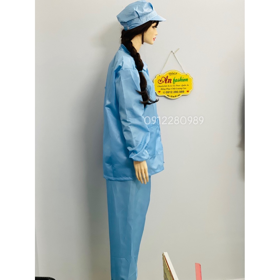 [Áo+Quần+Nón] Đồng phục phòng sạch màu xanh vải chống tĩnh điện tay dài cổ bẻ dây kéo _ Hình chụp thật
