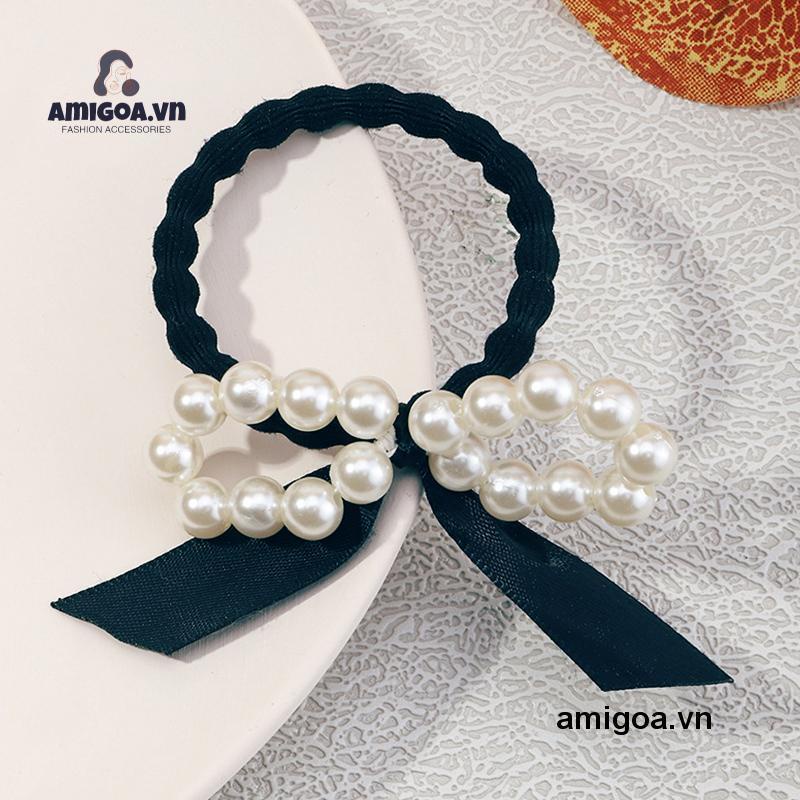 Dây Buộc Tóc Cao Su Co Giãn Thắt Nơ Đính Ngọc Trai Xinh Xắn Cho Nữ