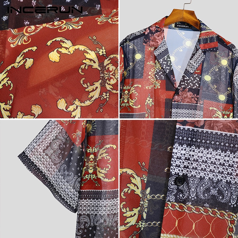 INCERUN Áo Sơ Mi Ngắn Tay Dáng Rộng Họa Tiết Dân Tộc Retro Dành Cho Nam