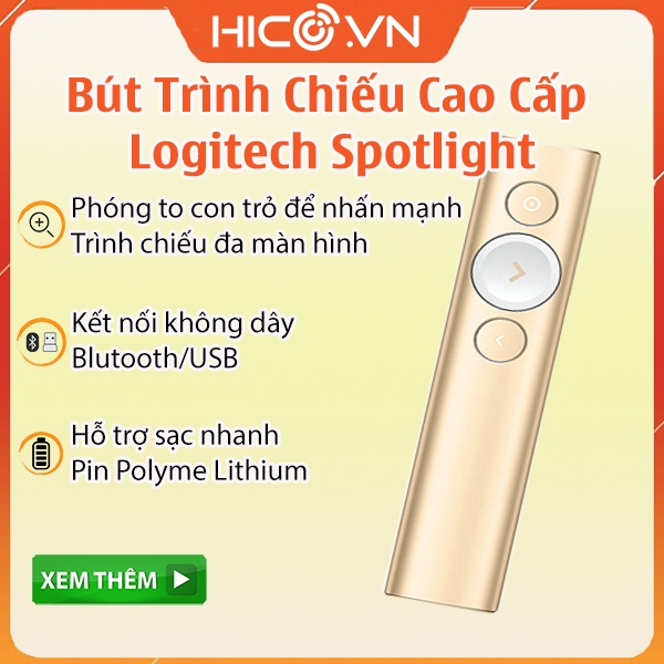 Bút Trình Chiếu Cao Cấp Logitech Spotlight - Đèn Laze Kỹ Thuật Số, Nhấn Mạnh, Phóng To, Đầu thu USB/ Bluetooth