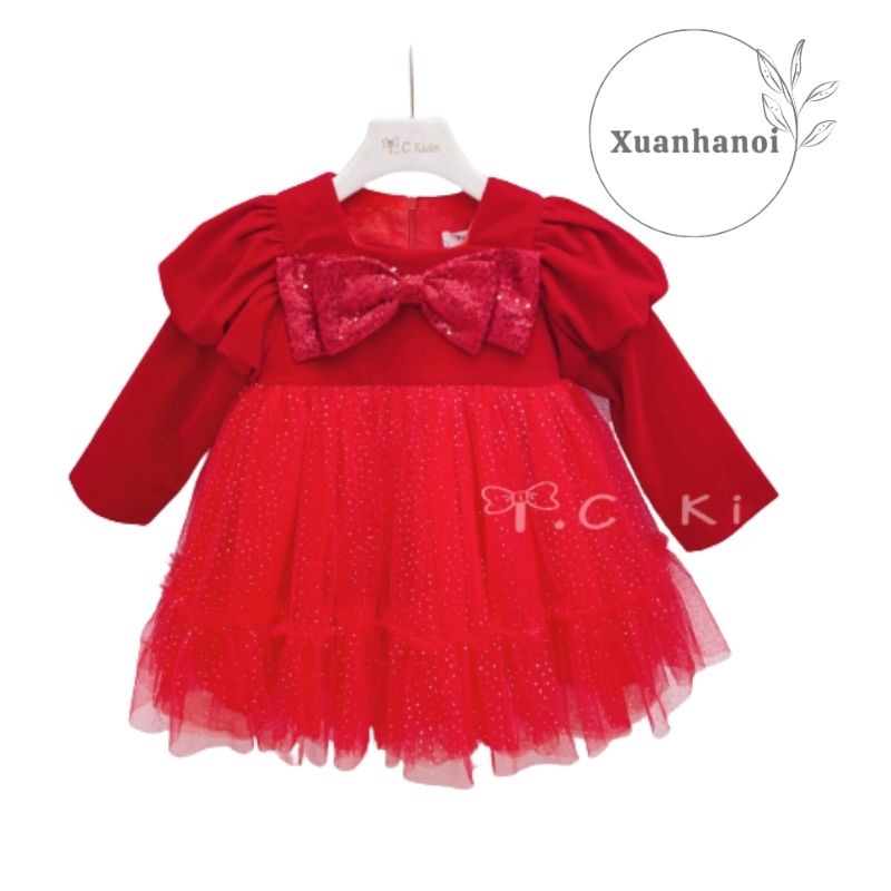 Váy bé gái nhung đỏ kim sa cho bé diện Nole diện tết XHN826