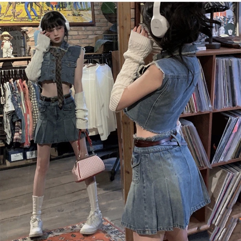 Set Áo Denim + Chân Váy Denim Lưng Cao Thời Trang Mùa Hè Dễ Phối Đồ Cho Nữ