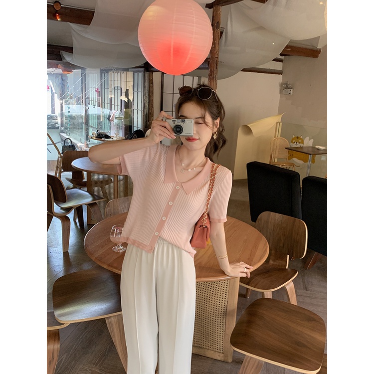 Áo sơ mi dệt kim POLO ZHELIHANGFEI ngắn tay eo cao kiểu dáng đơn giản