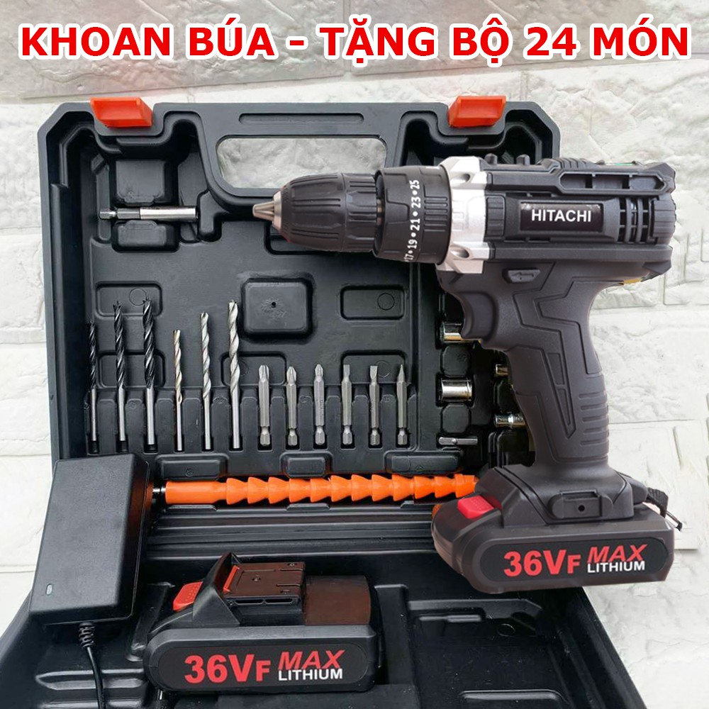 [Tặng bộ 24 mũi khoan] Máy Khoan Pin Hitachi 36v có búa kèm hộp nhựa 2 pin chuẩn 5 cell