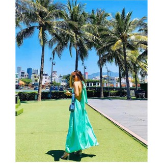 ĐẦM YẾM MAXI SUÔNG CỘT NƠ CỔ HỞ LƯNG