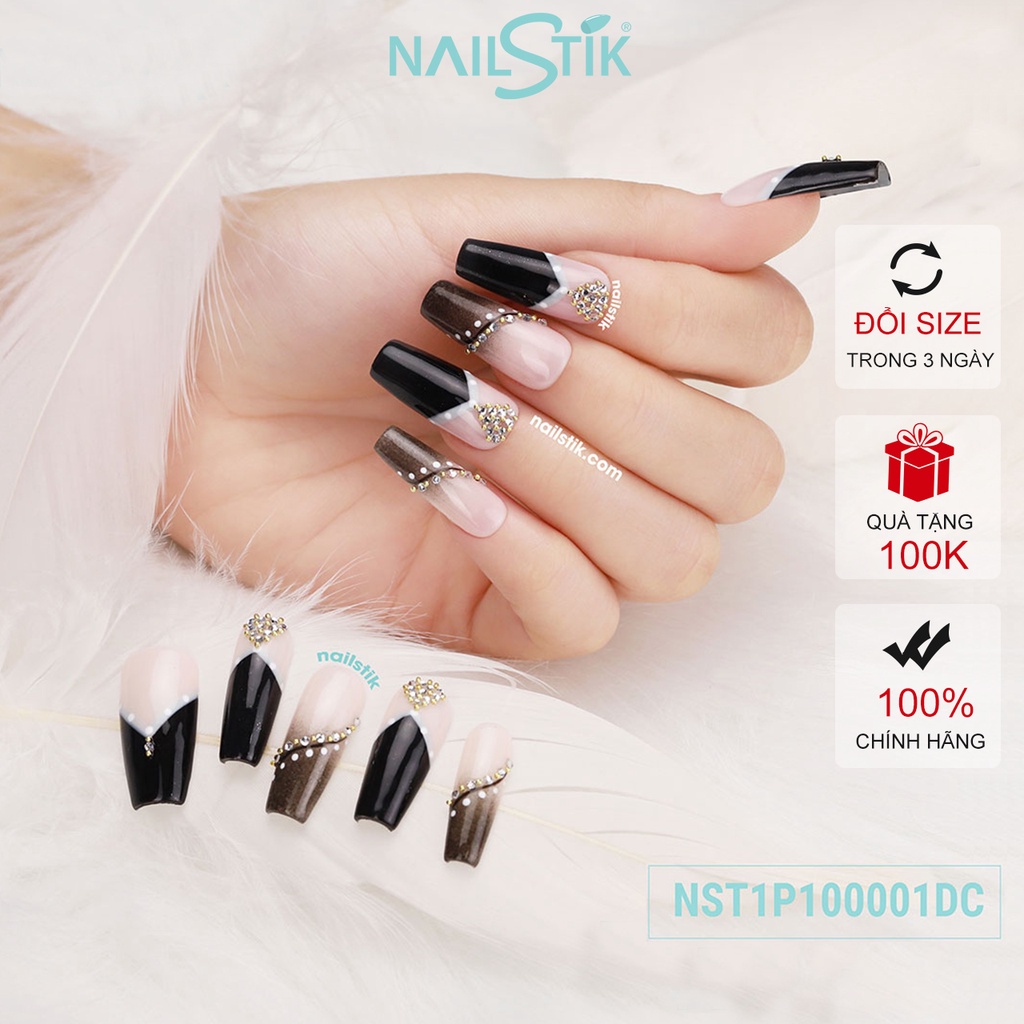 Móng úp thiết kế by NAILSTIK, màu đen, form móng coffin, dài 001